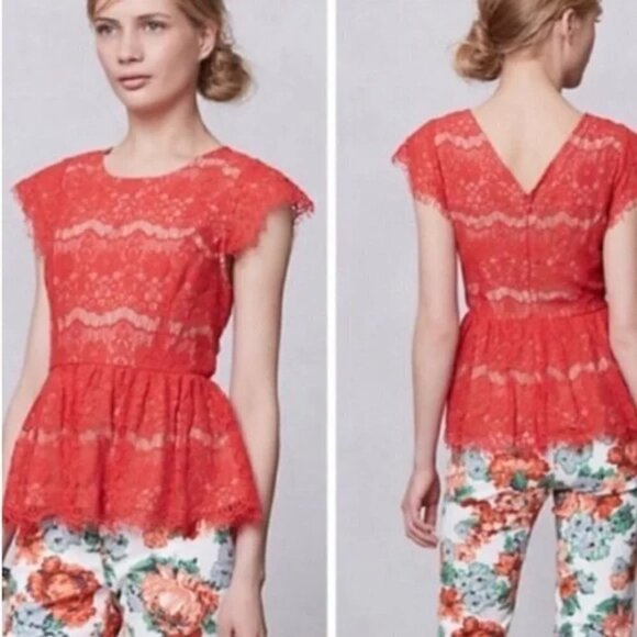 Anthropology Maeve Red Lace Katrina Peplum Top Size Medium - Picture 1 of 10